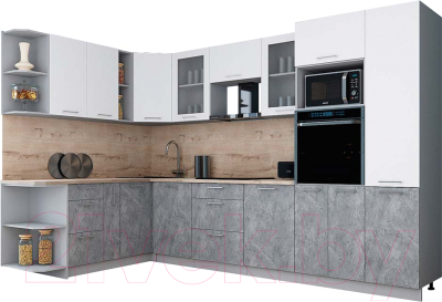 Готовая кухня Интерлиния Мила Gloss 1.88x3.2 левая (белый софт/керамика/травертин серый)