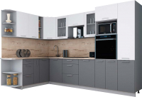 Кухонный гарнитур Интерлиния Мила Gloss 1.88x3.2 левая (белый софт/серый софт/травертин серый) - 