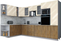 Кухонный гарнитур Интерлиния Мила Gloss 1.88x3.2 левая (ваниль глянец/дуб вотан/травертин серый) - 