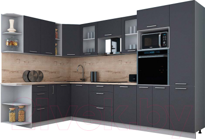 Кухонный гарнитур Интерлиния Мила Gloss 1.88x3.2 левая (графит софт/графит софт/травертин серый)