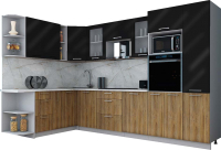 Кухонный гарнитур Интерлиния Мила Gloss 1.88x3.2 левая (черный глянец/дуб вотан/травертин серый) - 