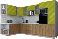 Кухонный гарнитур Интерлиния Мила Gloss 1.88x3.2 левая (яблоко глянец/дуб вотан/травертин серый) - 