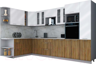Готовая кухня Интерлиния Мила Gloss 1.88x3.4 левая (белый глянец/дуб вотан/травертин серый)