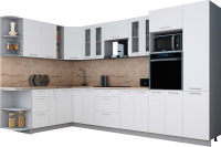 Кухонный гарнитур Интерлиния Мила Gloss 1.88x3.4 левая (белый софт/белый софт/травертин серый) - 