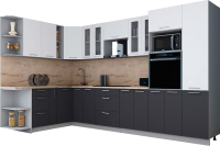 Кухонный гарнитур Интерлиния Мила Gloss 1.88x3.4 левая (белый софт/графит софт/травертин серый) - 