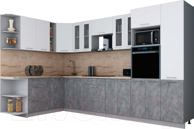 Готовая кухня Интерлиния Мила Gloss 1.88x3.4 левая (белый софт/керамика/травертин серый)