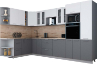 Кухонный гарнитур Интерлиния Мила Gloss 1.88x3.4 левая (белый софт/серый софт/травертин серый) - 