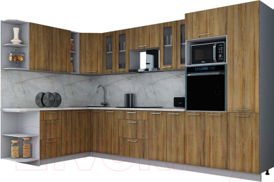 Готовая кухня Интерлиния Мила Gloss 1.88x3.4 левая (дуб вотан/дуб вотан/травертин серый)