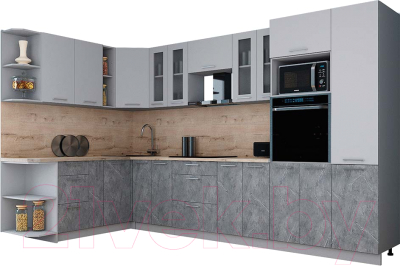 Готовая кухня Интерлиния Мила Gloss 1.88x3.4 левая (пепел софт/керамика/травертин серый)