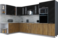 Готовая кухня Интерлиния Мила Gloss 1.88x3.4 левая (черный глянец/дуб вотан/травертин серый) - 