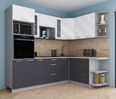 Готовая кухня Интерлиния Мила Gloss 1.68x2.4 правая (белый глянец/графит софт/травертин серый)