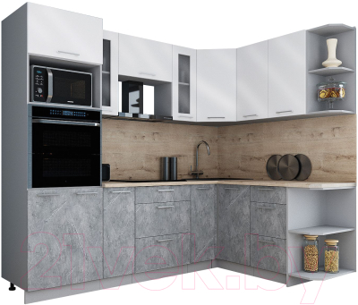 Готовая кухня Интерлиния Мила Gloss 1.68x2.4 правая (белый глянец/керамика/травертин серый)