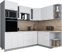 Кухонный гарнитур Интерлиния Мила Gloss 1.68x2.4 правая (белый софт/белый софт/травертин серый) - 