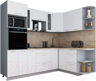 Готовая кухня Интерлиния Мила Gloss 1.68x2.4 правая (белый софт/белый софт/травертин серый)