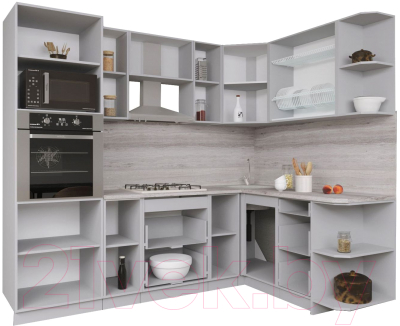 Кухонный гарнитур Интерлиния Мила Gloss 1.68x2.4 правая (белый софт/керамика/травертин серый)