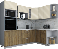 Кухонный гарнитур Интерлиния Мила Gloss 1.68x2.4 правая (ваниль глянец/дуб вотан/травертин серый) - 