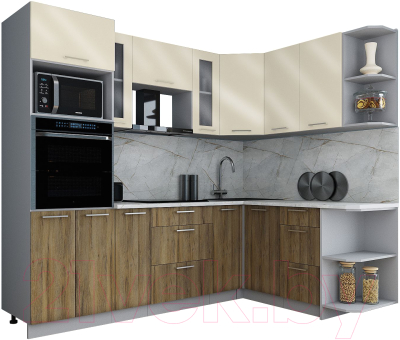 Готовая кухня Интерлиния Мила Gloss 1.68x2.4 правая (ваниль глянец/дуб вотан/травертин серый)