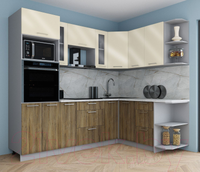 Готовая кухня Интерлиния Мила Gloss 1.68x2.4 правая (ваниль глянец/дуб вотан/травертин серый)