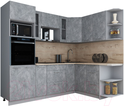 Готовая кухня Интерлиния Мила Gloss 1.68x2.4 правая (керамика/керамика/травертин серый)