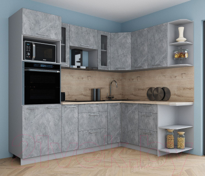 Готовая кухня Интерлиния Мила Gloss 1.68x2.4 правая (керамика/керамика/травертин серый)