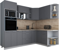 Кухонный гарнитур Интерлиния Мила Gloss 1.68x2.4 правая (серый софт/серый софт/травертин серый) - 