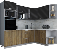 Кухонный гарнитур Интерлиния Мила Gloss 1.68x2.4 правая (черный глянец/дуб вотан/травертин серый) - 