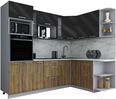 Готовая кухня Интерлиния Мила Gloss 1.68x2.4 правая (черный глянец/дуб вотан/травертин серый)
