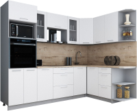 Кухонный гарнитур Интерлиния Мила Gloss 1.68x2.6 правая (белый софт/белый софт/травертин серый) - 