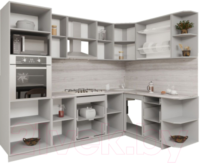 Кухонный гарнитур Интерлиния Мила Gloss 1.68x2.6 правая (белый софт/керамика/травертин серый)