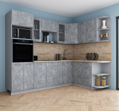 Кухонный гарнитур Интерлиния Мила Gloss 1.68x2.6 правая (керамика/керамика/травертин серый)