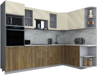 Кухонный гарнитур Интерлиния Мила Gloss 1.68x2.8 правая (ваниль глянец/дуб вотан/травертин серый) - 
