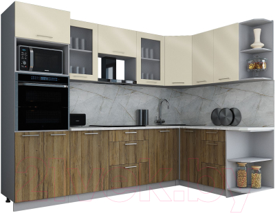 Готовая кухня Интерлиния Мила Gloss 1.68x2.8 правая (ваниль глянец/дуб вотан/травертин серый)