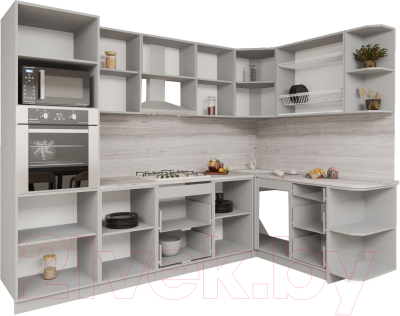 Кухонный гарнитур Интерлиния Мила Gloss 1.68x2.8 правая (керамика/керамика/травертин серый)
