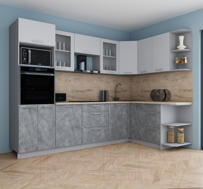 Готовая кухня Интерлиния Мила Gloss 1.68x2.8 правая (пепел софт/керамика/травертин серый)
