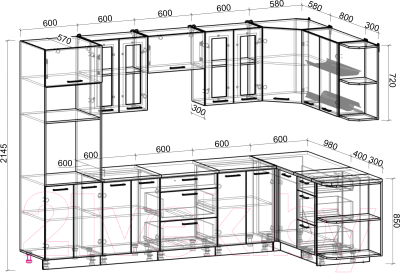 Кухонный гарнитур Интерлиния Мила Gloss 1.68x3.0 правая (белый глянец/дуб вотан/травертин серый)