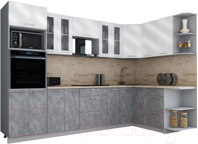 Кухонный гарнитур Интерлиния Мила Gloss 1.68x3.0 правая (белый глянец/керамика/травертин серый)