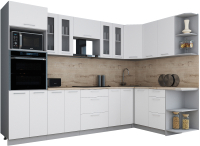 Кухонный гарнитур Интерлиния Мила Gloss 1.68x3.0 правая (белый софт/белый софт/травертин серый) - 