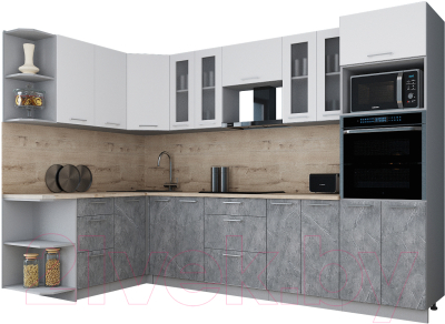 Кухонный гарнитур Интерлиния Мила Gloss 1.68x3.0 правая (белый софт/керамика/травертин серый)