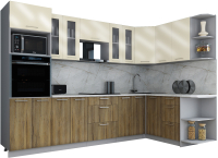 Кухонный гарнитур Интерлиния Мила Gloss 1.68x3.0 правая (ваниль глянец/дуб вотан/травертин серый) - 