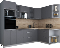 Кухонный гарнитур Интерлиния Мила Gloss 1.68x2.6 правая (серый софт/серый софт/травертин серый) - 