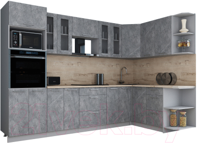 Кухонный гарнитур Интерлиния Мила Gloss 1.68x3.0 правая (керамика/керамика/травертин серый)