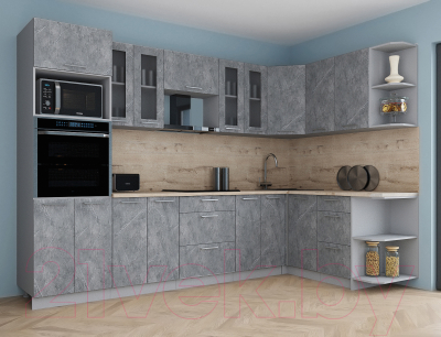 Кухонный гарнитур Интерлиния Мила Gloss 1.68x3.0 правая (керамика/керамика/травертин серый)