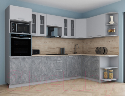Готовая кухня Интерлиния Мила Gloss 1.68x3.0 правая (пепел софт/керамика/травертин серый)