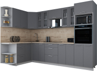 Кухонный гарнитур Интерлиния Мила Gloss 1.68x3.0 правая (серый софт/серый софт/травертин серый) - 