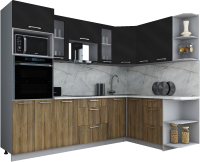 Кухонный гарнитур Интерлиния Мила Gloss 1.68x2.6 правая (черный глянец/дуб вотан/травертин серый) - 