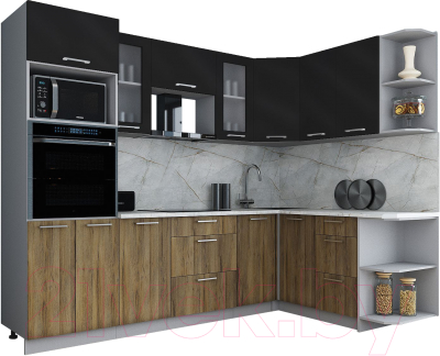 Готовая кухня Интерлиния Мила Gloss 1.68x2.6 правая (черный глянец/дуб вотан/травертин серый)