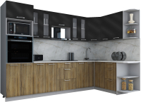 Кухонный гарнитур Интерлиния Мила Gloss 1.68x3.0 правая (черный глянец/дуб вотан/травертин серый) - 