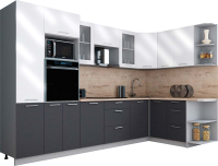 Кухонный гарнитур Интерлиния Мила Gloss 1.68x3.2 правая (белый глянец/графит софт/травертин серый) - 