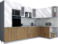 Кухонный гарнитур Интерлиния Мила Gloss 1.68x3.2 правая (белый глянец/дуб вотан/травертин серый) - 