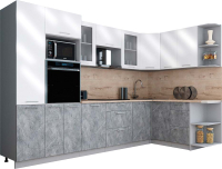 Кухонный гарнитур Интерлиния Мила Gloss 1.68x3.2 правая (белый глянец/керамика/травертин серый) - 